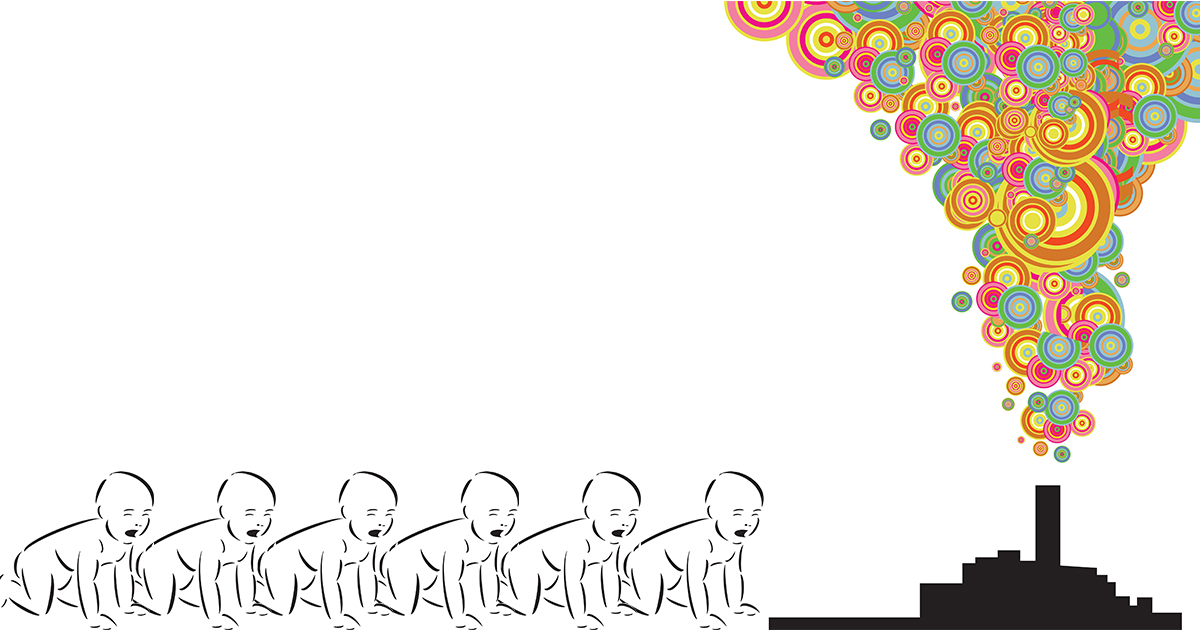 babies lined up to enter factory